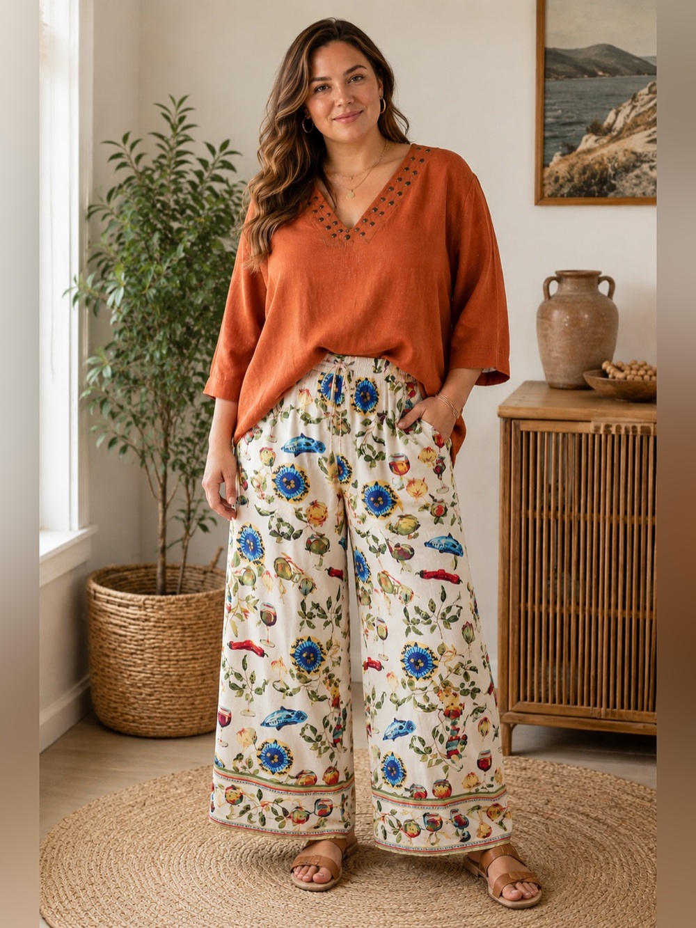 Linen & Rayon Coastal Mediterranean Outfit | Hot Cotton Linen Top + Rose & Olive